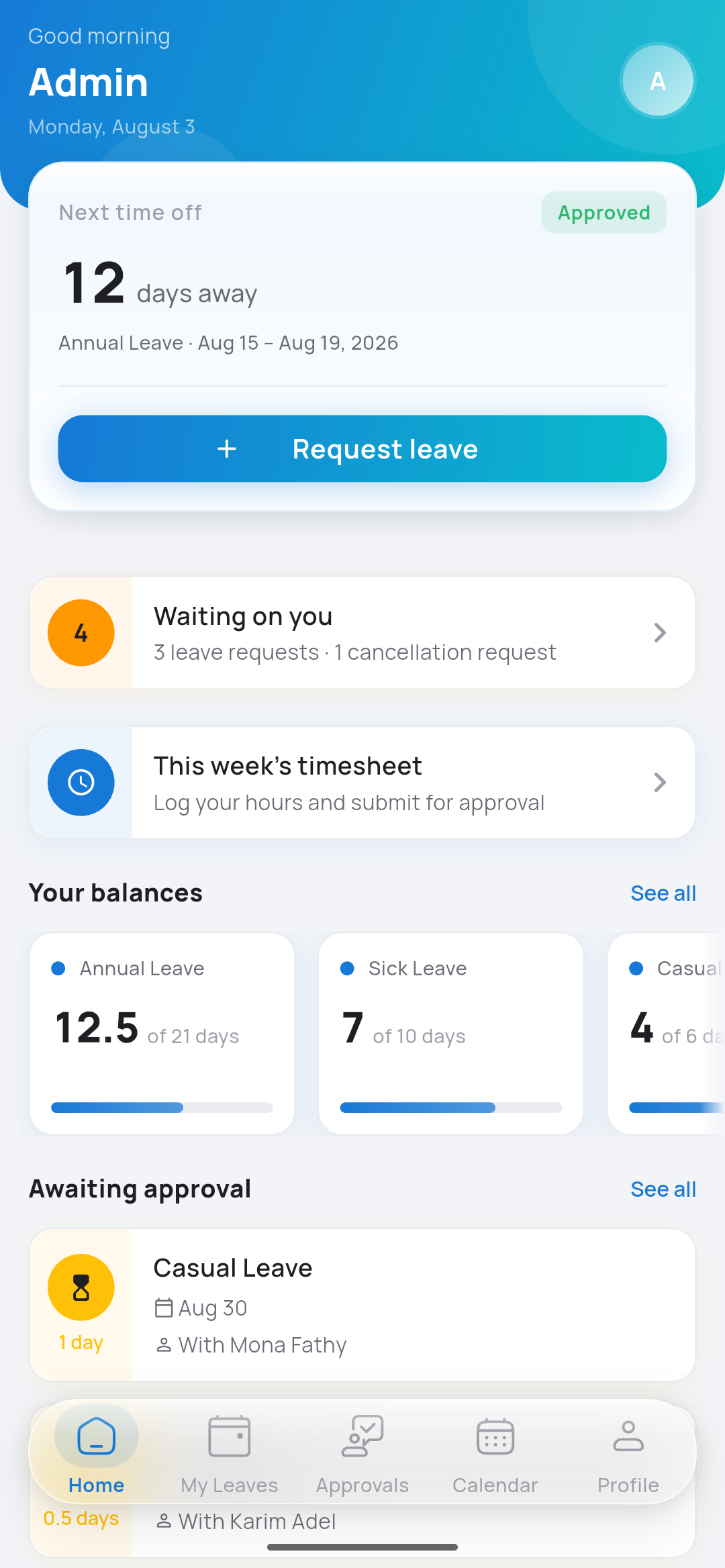 FlexDays mobile app home screen